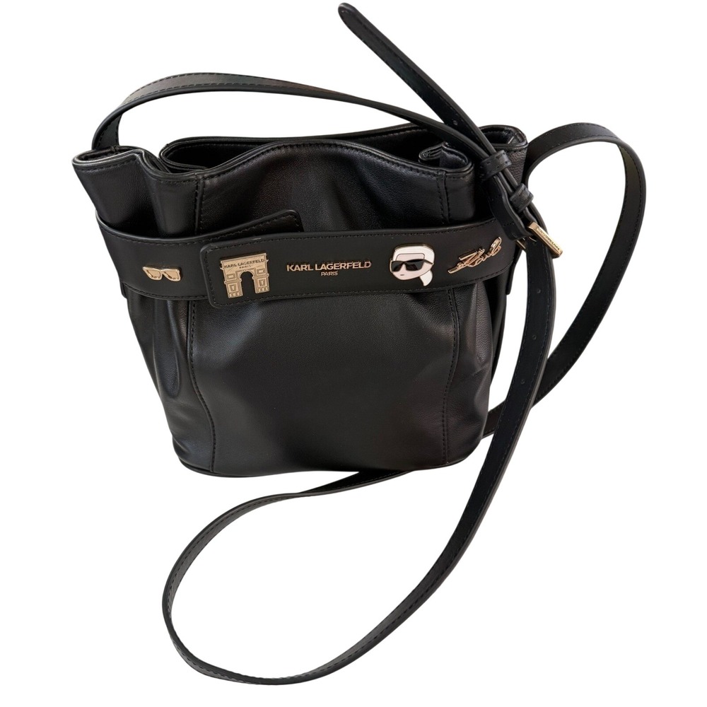 Karl Lagerfeld Paris Black Leather Crossbody Bucket Bag Charms‎ L5GEB4EG New